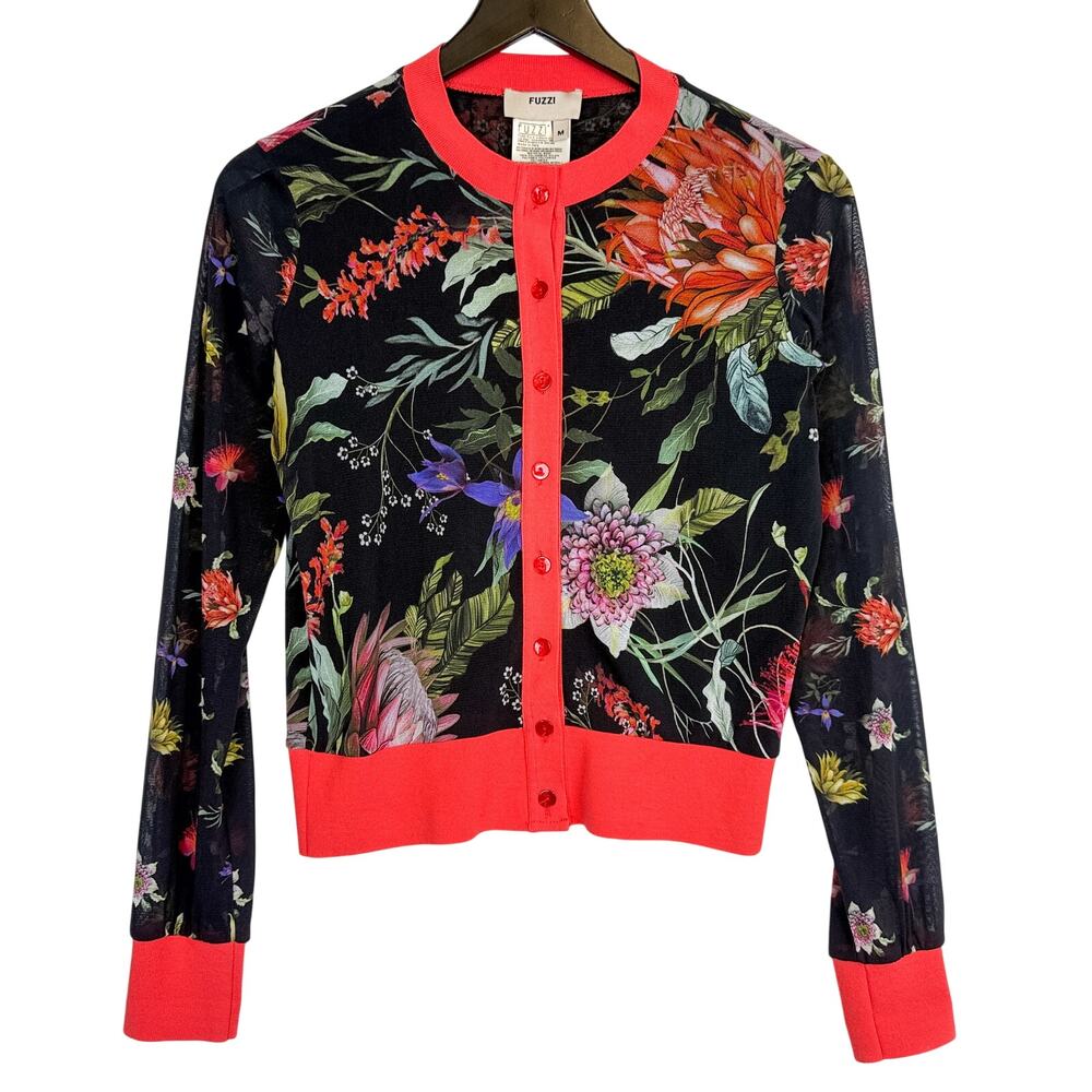 FUZZI Floral Mesh Black Coral Cardigan Sweater - M
